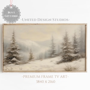 Frame Tv Art Winter, Neutral Painting Winter Mountain Landscape Snow Covered Trees Tv Art, Farmhouse Winter Tv Art, Frame Tv Art Christmas