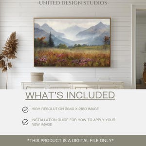 May include: A digital download of a high-resolution image featuring a misty mountain landscape with a field of wildflowers in the foreground. The image is 3840 x 2160 pixels and includes an installation guide.