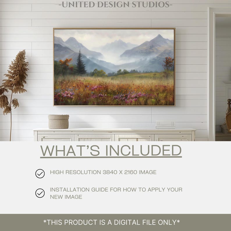 May include: A digital download of a high-resolution image featuring a misty mountain landscape with a field of wildflowers in the foreground. The image is 3840 x 2160 pixels and includes an installation guide.