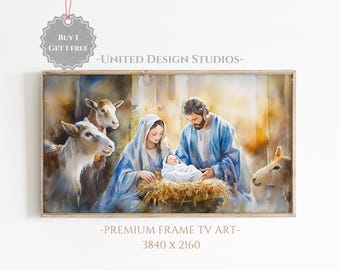 Pode incluir: Pintura em aquarela da Natividade, com Maria, José e o menino Jesus numa manjedoura, rodeados por animais. A obra de arte é emoldurada e inclui o texto "UNITED DESIGN STUDIOS" e "PREMIUM FRAME TV ART - 3840 x 2160".