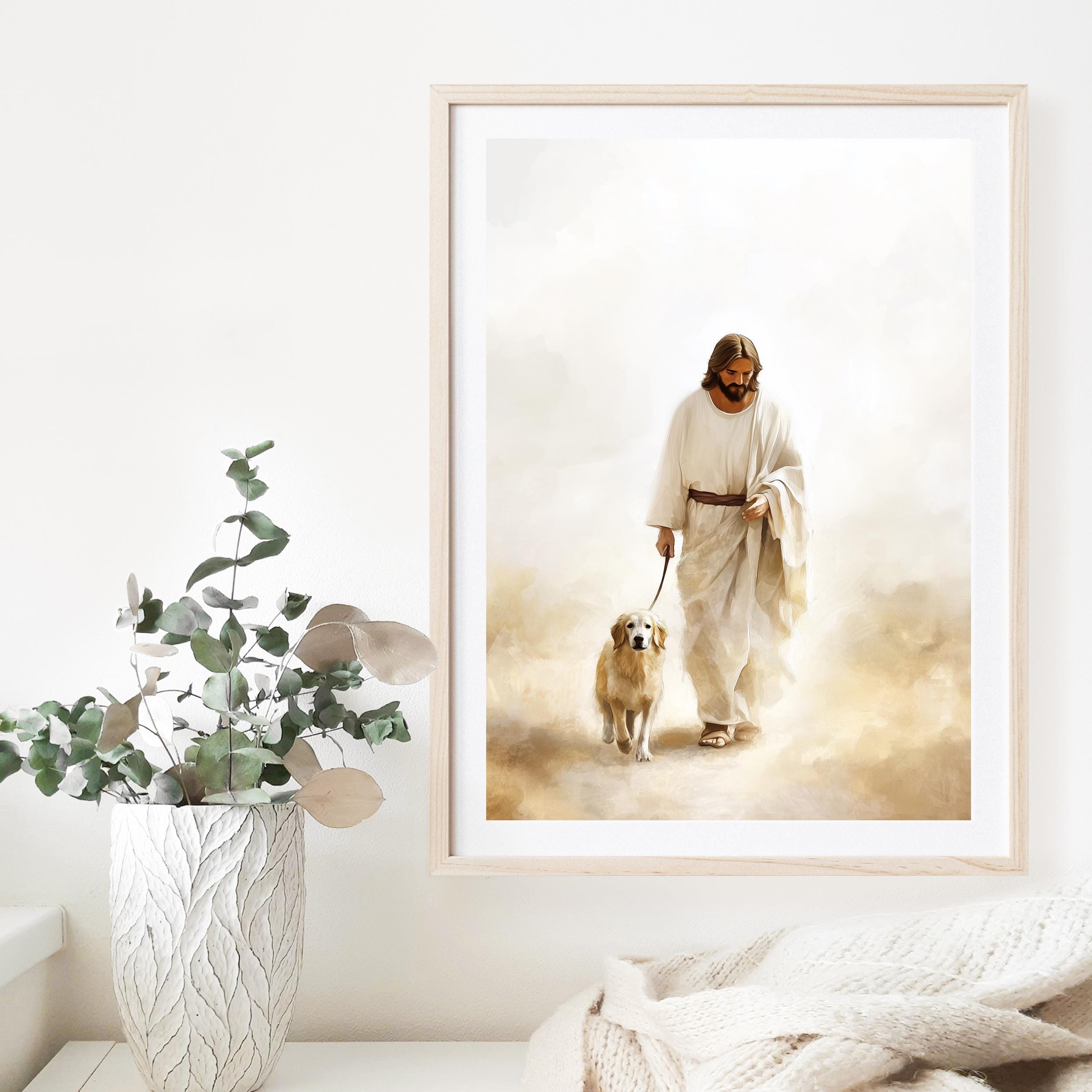 犬と歩くイエスのプリントアート、動物たちとイエス、ペットの悲しみ