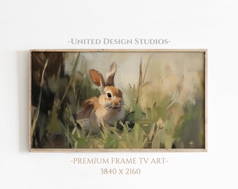 Easter Bunny Painting, Neutral Farmhouse TV Art (Digital Download)