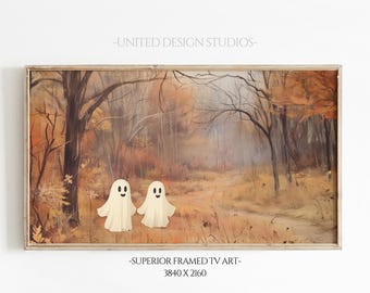Halloween Samsung Frame Tv, Cute Ghost in Fall Painting Frame Tv Art, Spooky Halloween Tv Art, Ghost in Autumn Landscape Art for Tv