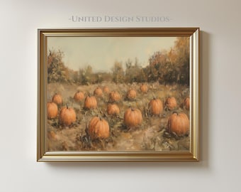Herfst pompoen kunst aan de muur, pompoen patch afdrukbare kunst, herfst veld olieverfschilderij, rustieke oogst landschap, boerderij afdrukbare kunst downloaden
