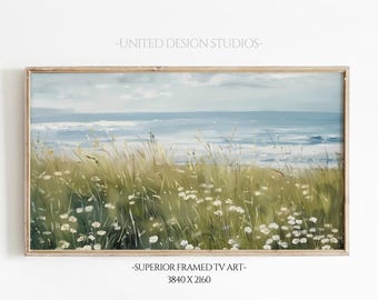 Summer Seascape Frame TV Art, Coastal Wildflower Field, Ocean Screensaver, Beach Art for TV, Neutral Frame TV Art, Digital Download