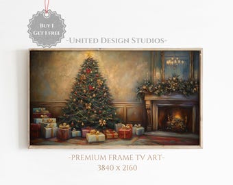 May include: A painting of a Christmas scene with a decorated Christmas tree, presents, and a fireplace. The painting is framed in a light wood frame. The text "BUY 1 GET 1 FREE" and "UNITED DESIGN STUDIOS" is visible in the image. The text "PREMIUM FRAME TV ART" and "3840 x 2160" is also visible in the image.