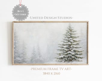 Cuadro de bosque invernal para Samsung, arte para TV con marco, arte de pinos para TV, paisaje invernal, arte de TV con marco de invierno de estilo rústico, descarga digital