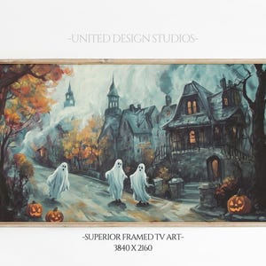 May include: Framed Halloween art print featuring a spooky town scene with ghosts, jack-o'-lanterns, and a haunted house. The artwork has a vintage aesthetic with muted colors and a distressed look. The text "SUPERIOR FRAMED TV ART" is at the bottom.