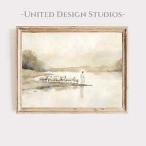 Jesus with Sheep Printable Wall Art, Soft Watercolor Good Shepherd Scene by River, Neutral Christian Faith Based Artwork for Home Decor