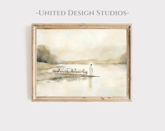Art mural imprimable Jésus avec mouton, aquarelle douce scène du bon berger par River, oeuvre d'art neutre basée sur la foi chrétienne pour la décoration intérieure