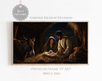 May include: A painting depicting the nativity scene with Mary, Joseph, and the baby Jesus. The scene is set in a stable with a donkey and hay. The painting is done in a realistic style with warm colors.
