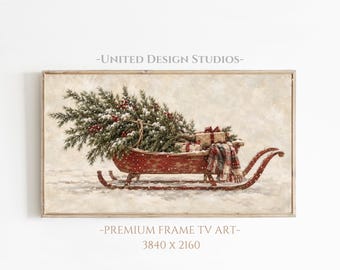 Christmas Frame TV Art, Vintage Christmas Sleigh Painting, Neutral Winter Art, Digital Download