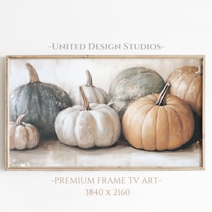 May include: A painting of a still life featuring a group of pumpkins in various shades of green, white, and orange. The pumpkins are arranged in a cluster, with some overlapping. The background is a light beige colour.