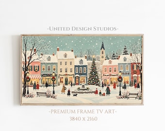 Christmas Frame TV Art, Vintage Holiday Village Illustration, Classic Christmas Art, Digital Download