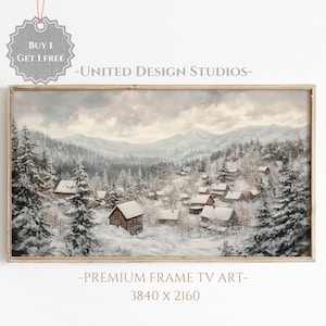 Frame Tv Winter Art, Winter Painting of Snowy Mountain Town Frame Tv Art, Christmas Village Frame Tv Art, Farmhouse Winter Christmas Tv Art