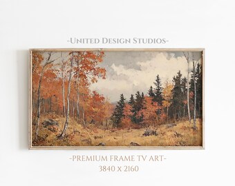 May include: A framed painting of a forest scene with fall foliage in shades of orange, red, and yellow. The trees are in the foreground, with a cloudy sky in the background. The painting is in a light wood frame.