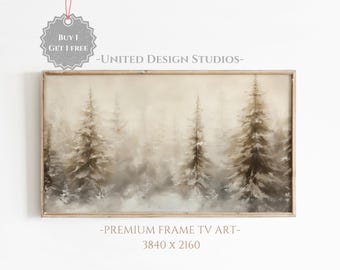 Arte invernal para TV con marco, pintura de paisaje invernal neutro con árboles de hoja perenne para TV con marco, arte navideño para TV con marco, arte invernal de estilo rústico para TV