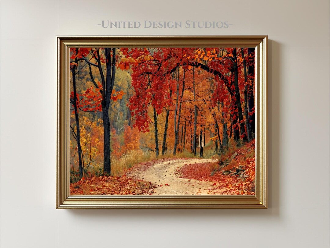 Fall Foliage Forest Path Print, Autumn Trees in Red and Gold, Fall ...
