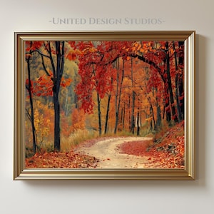 Fall Foliage Forest Path Print, Autumn Trees in Red and Gold, Fall Nature Landscape, Moody Autumn Decor, Fall Farmhouse Printable Wall Art