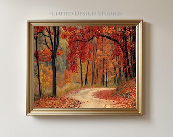 Fall Foliage Forest Path Print, Autumn Trees in Red and Gold, Fall Nature Landscape, Moody Autumn Decor, Fall Farmhouse Printable Wall Art