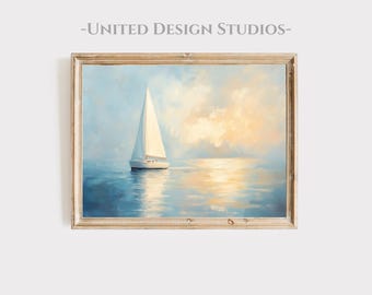 Sailboat Seascape Art Print, Coastal Sunrise Painting (Digital Download)