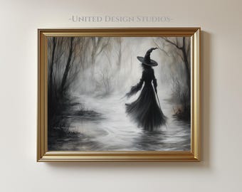 Halloween Witch Printable Wall Art, Halloween Forest Print, Haunted Trees Painting, Black Hat Artwork, Spooky Nature Scene, Digital Download