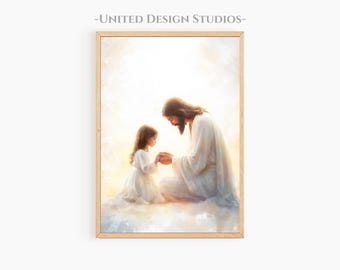 Jesus Christ With A Young Girl Printable Art, Christian Artwork of Jesus With Children Digital Download, Modern Christian Art