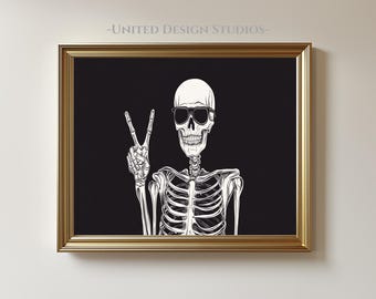 Arte de pared imprimible de esqueleto de Halloween, impresión de Halloween, póster de Halloween, símbolo de la paz de esqueleto de arte pop, obra de arte en blanco y negro