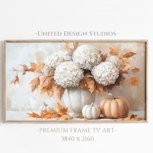 Samsung Frame TV Art - Autumn Still Life Painting with Pumpkins & Hydrangea for Halloween, Thanksgiving Decor, Rustic Farmhouse Wall Art