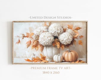 Arte para TV con marco Samsung: bodegón otoñal con calabazas y hortensias para Halloween, decoración de Acción de Gracias y arte de pared rústico de estilo rústico.