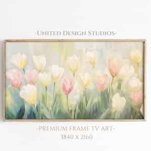 Tulip Frame TV Art, Pastel Floral Spring Painting, Soft Pink and Yellow Flower Meadow, Cottagecore Botanical Art for Digital Display