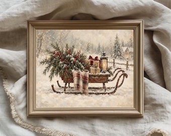 Rustic Christmas Sleigh Print, Vintage Holiday Still Life Wall Art, Digital Download