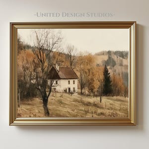 Fall Oil Painting, Country Cottage Landscape, Rustic Fall Countryside Scene, Neutral Farmhouse Decor, Printable Wall Art, Autumn Landscape