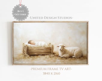 May include: A painting of a baby sleeping in a wooden manger with a white lamb lying on the ground nearby. The background is a soft, beige color.
