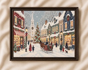 Vintage Christmas Village Print, Classic Holiday Town Illustration Wall Art, Digital Download