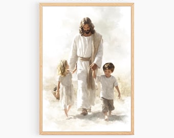 Jesus går med en ung pojke och flicka utskrivbar konst, modern kristen konst av Jesus med barn, Jesusmålning, Jesuskonst nedladdning