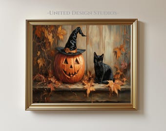Halloween Wall Art, Black Cat Print, Pumpkin Jack O Lantern Poster, Witch Hat Artwork, Autumn Fall Decor, Printable Halloween Cat Art