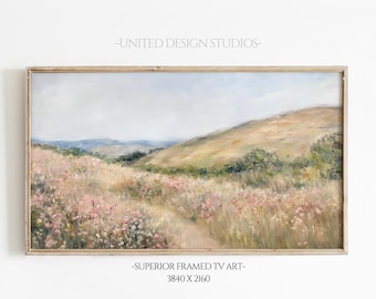 Country Summer Landscape Frame TV Art, Spring Scenery Landscape Oil Painting Screensaver, Blue Sky Colorful Wildflower Green TV Decor