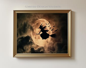 Halloween Witch Printable Wall Art, Witch Riding Broom Wall Art, Halloween Bats Print, Spooky Wall Art, Witchy Printable Art Download