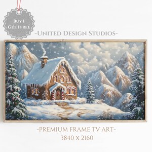 Puede incluir: Una pintura enmarcada de una casa de jengibre en un paisaje montañoso nevado. La casa tiene acentos de bastón de caramelo rojo y blanco y está rodeada de árboles cubiertos de nieve. La pintura se titula "Premium Frame TV Art" y tiene una resolución de 3840 x 2160.