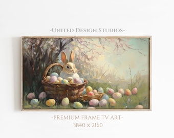 Easter Frame TV Art, Easter Bunny In Basket with Easter Eggs, Floral Easter Bunny Tv Art, Spring Frame tv art, Farmhouse Easter Art