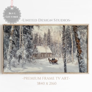 May include: A framed winter scene painting depicting a snowy forest with a small cabin and a horse-drawn carriage. The painting is in a light wood frame and has a white background.