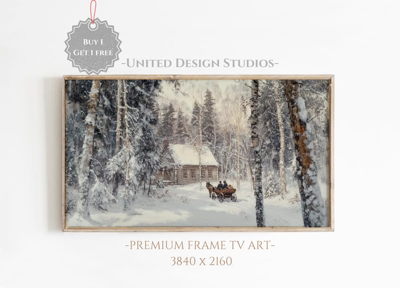 May include: A framed winter scene painting depicting a snowy forest with a small cabin and a horse-drawn carriage. The painting is in a light wood frame and has a white background.