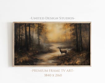 May include: A framed painting of a forest scene with a deer standing in a stream. The painting is in a light wood frame and has a warm, golden color palette.