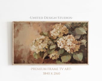 May include: A framed painting of a bouquet of white hydrangeas with green leaves against a brown background. The painting is in a light wood frame. -UNITED DESIGN STUDIOS- PREMIUM FRAME TV ART- 3840 X 2160