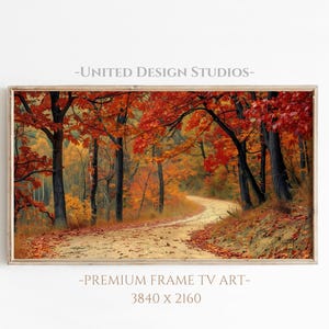 May include: A winding path through a forest with vibrant red, orange, and yellow fall foliage. The path leads to a clearing in the distance.