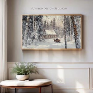 May include: A painting of a snowy forest scene with a small wooden cabin in the distance. A horse-drawn carriage is traveling through the snow towards the cabin. The trees are covered in snow and the sky is a light blue.