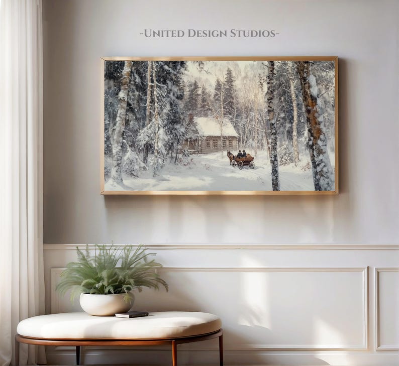 May include: A painting of a snowy forest scene with a small wooden cabin in the distance. A horse-drawn carriage is traveling through the snow towards the cabin. The trees are covered in snow and the sky is a light blue.