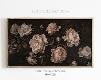 White Roses Valentines Day Frame TV Art, Floral Oil Painting, Botanical Flowers Frame TV Art, Dark Moody Decor, Baroque Frame Tv Art