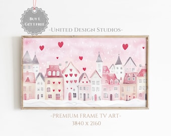 Valentines Day Frame Tv Art, Pink Valentine Village TV Art, Valentines Day Painting, Romantic Valentine Town TV Art, Digital Download